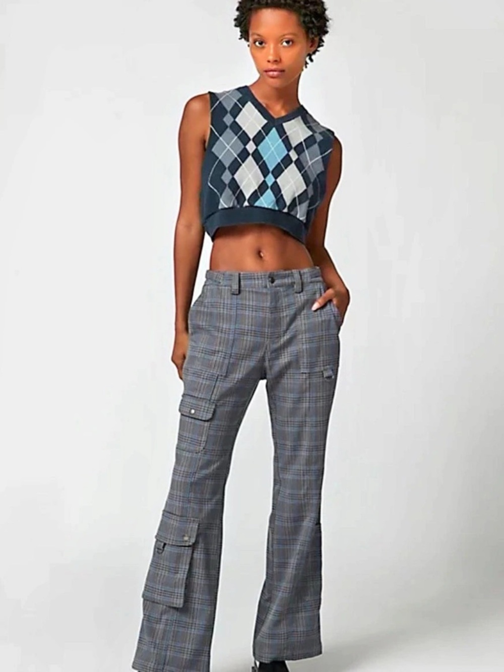 Urban Outfitters Plaid Flare Pants in Blue & Gray Size 8 NWT